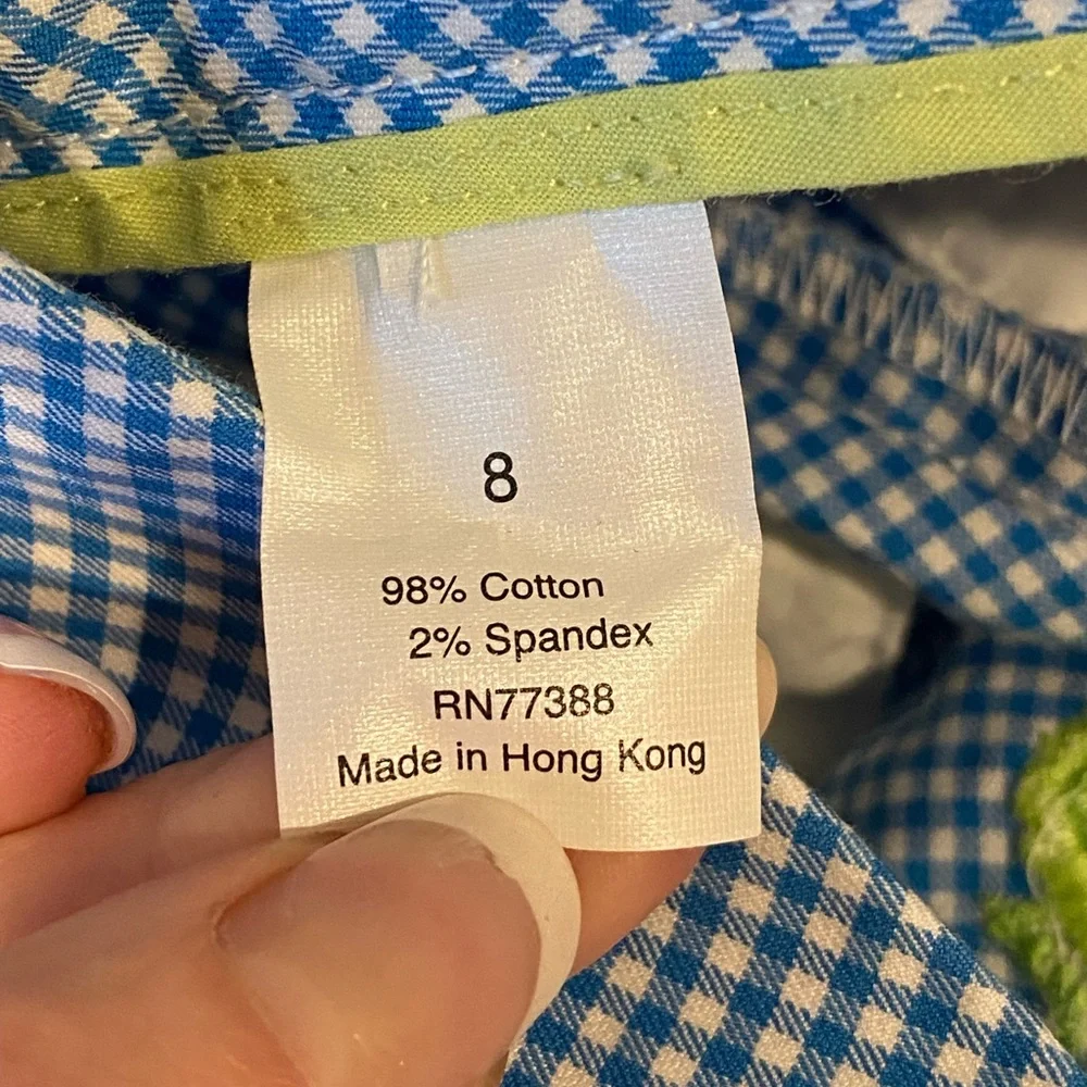 J.Crew Blue White Gingham Lime Green Embroidered Seahorse Pants Lightweight 8